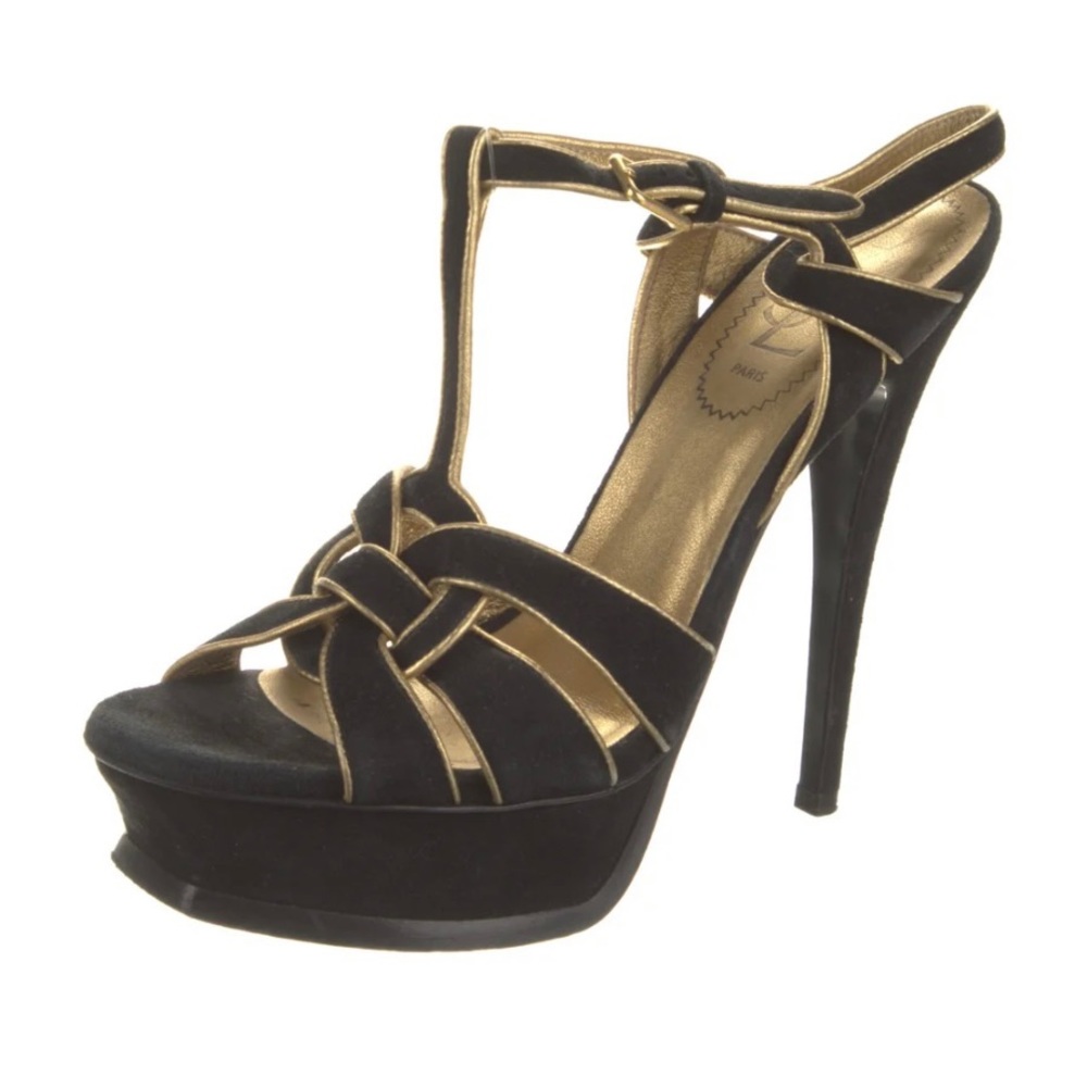YVES SAINT LAURENT
Suede Leather Trim Embellishment T-Strap Sandals
